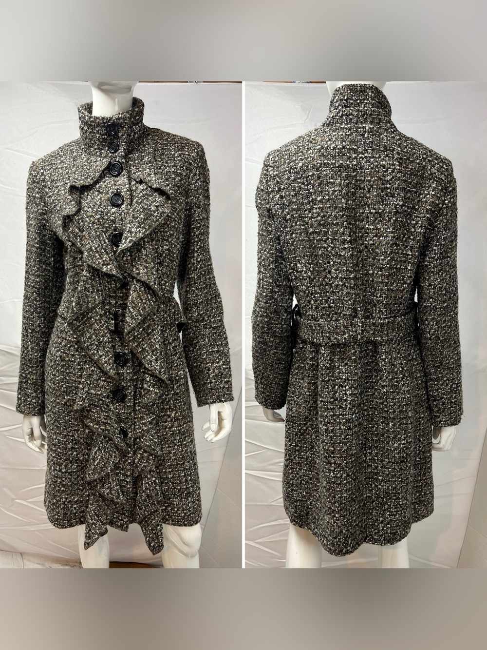 ETCETERA Women's 12 Brown Gray Tweed Ruffled Pea Coat Belted Overcoat Jacket